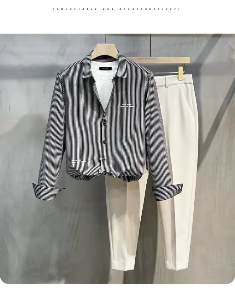 Men's Slim Fit Long Sve irt Trendy Striped Spring Autumn New Sle Casual Korean Japanese Sle Printed No Iron Treaent