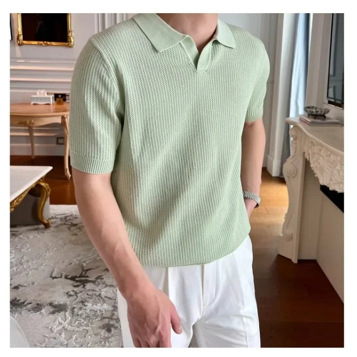 Summer Casual Polo Shirt Short Sleeve Knitted Pure Color Breathable Retro Wave Texture Men's Turn-down Collar Top