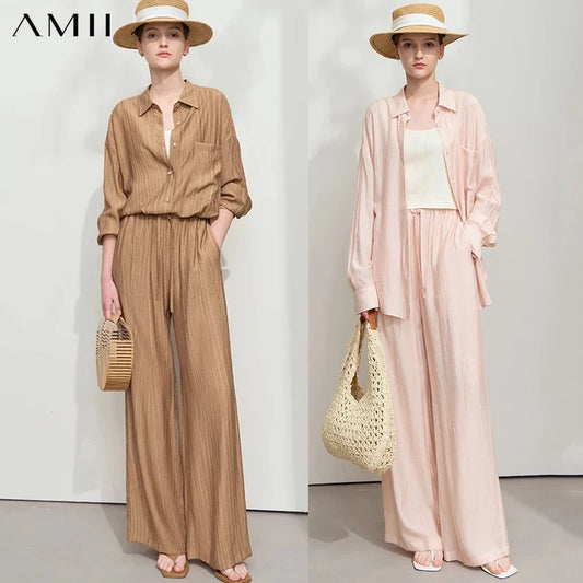 AMII Minimalism Shirt Pants Sets for Women 2025 Spring New Casual Basic Shirt Separate Straight Long Wide Leg Pants 12511048
