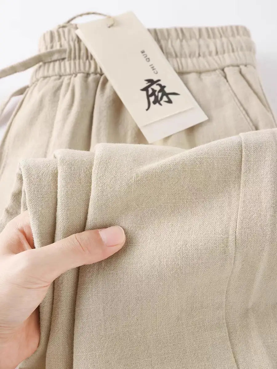 Pure Linen Breathable Elastic New Sle Nine-Piece Pants Cotton Linen Summer Thin Simple Casual Men's Pants Straight Leg Fit