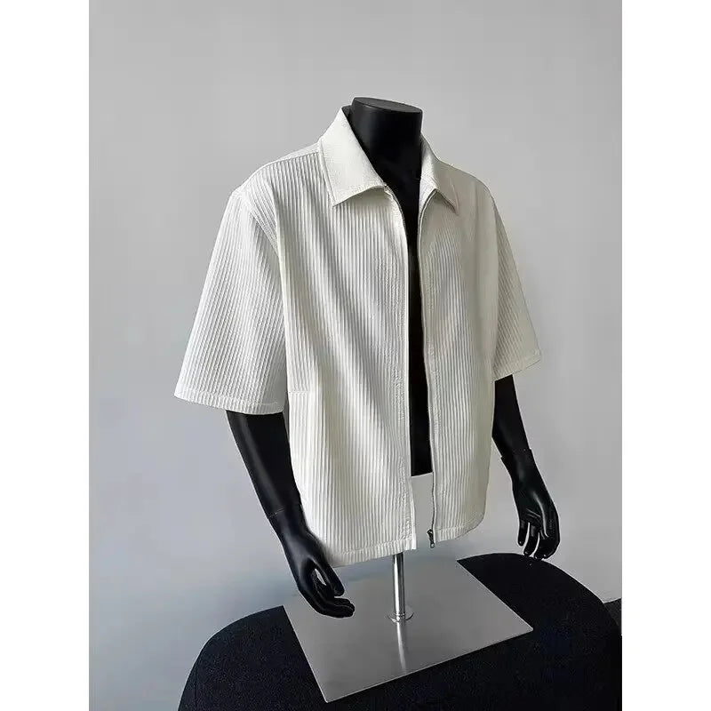 Summer Men's Texture Stripe Shirt Short Sleeve Zipper Jacket Boxy Fit Casual Korean Style Half Sleeve Korean Style Shirt