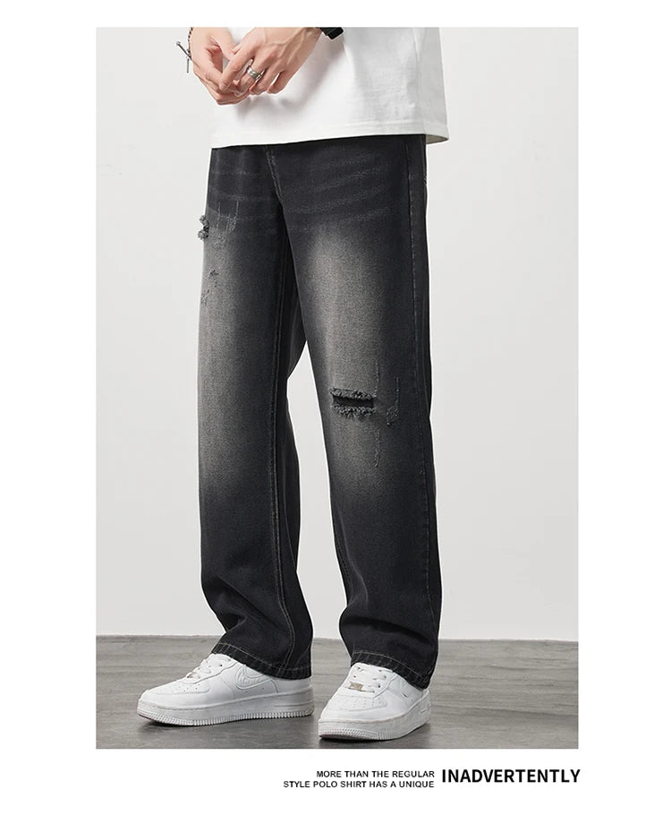 Korea Baggy torn holey ripped Jeans Men Vintage  Y2k Pants Fashion Frayed High Street Distressed Denim Trousers loose thin Male