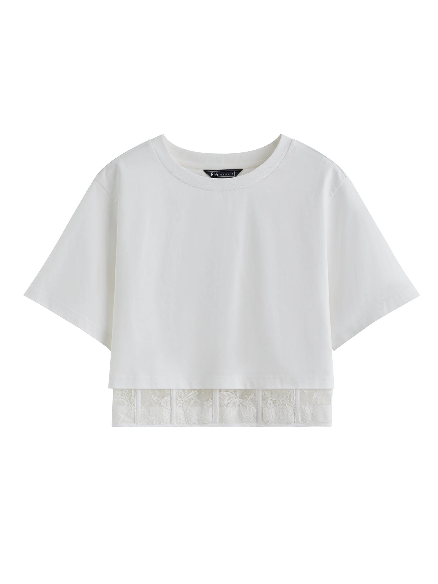 FSLE 【Premium Series】Waist-cropped Lace-spliced Fashion  T-shirt for Women Chic Blouse 2025 Summer New Arrival 25FE12023