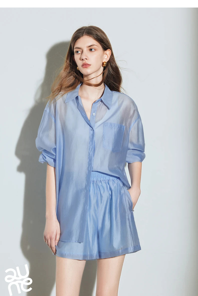 TOYOUTH Women French Mustard Green Lyocell Shirt 2025 Summer New Lightweight Sun Protection Tops