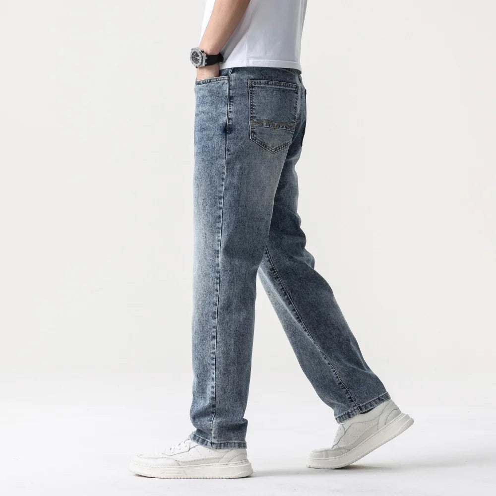 28-38 New Sizes Men Stretch Jeans Straight Leg Denim Pants Extended Sizing Blue/Black Streetwear Relaxed Fit for Work & Casual