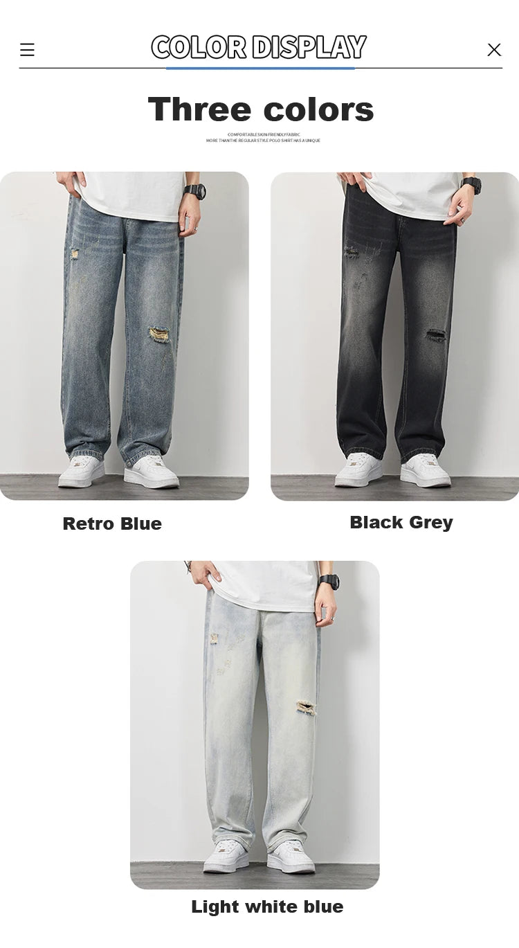 Korea Baggy torn holey ripped Jeans Men Vintage  Y2k Pants Fashion Frayed High Street Distressed Denim Trousers loose thin Male