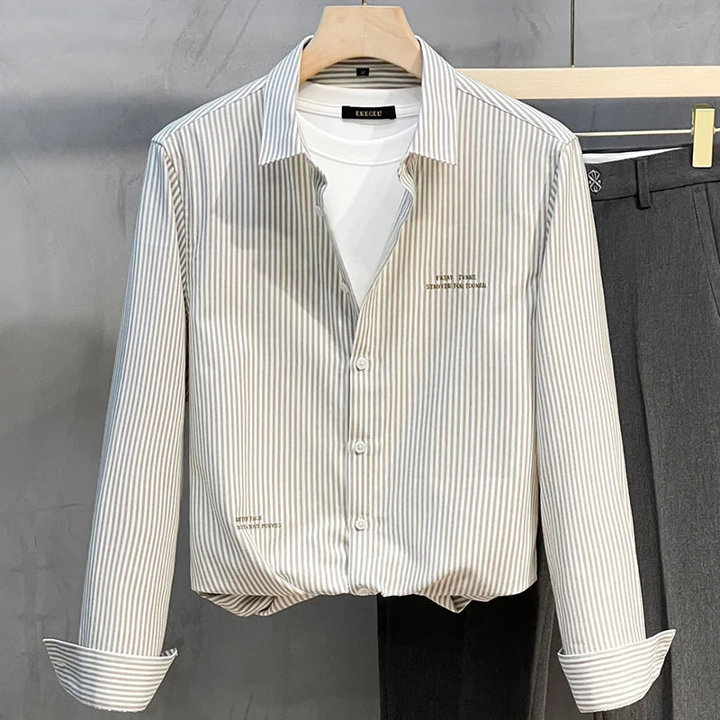 Men's Slim Fit Long Sve irt Trendy Striped Spring Autumn New Sle Casual Korean Japanese Sle Printed No Iron Treaent
