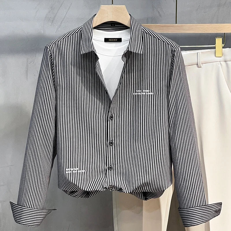 Men's Slim Fit Long Sve irt Trendy Striped Spring Autumn New Sle Casual Korean Japanese Sle Printed No Iron Treaent