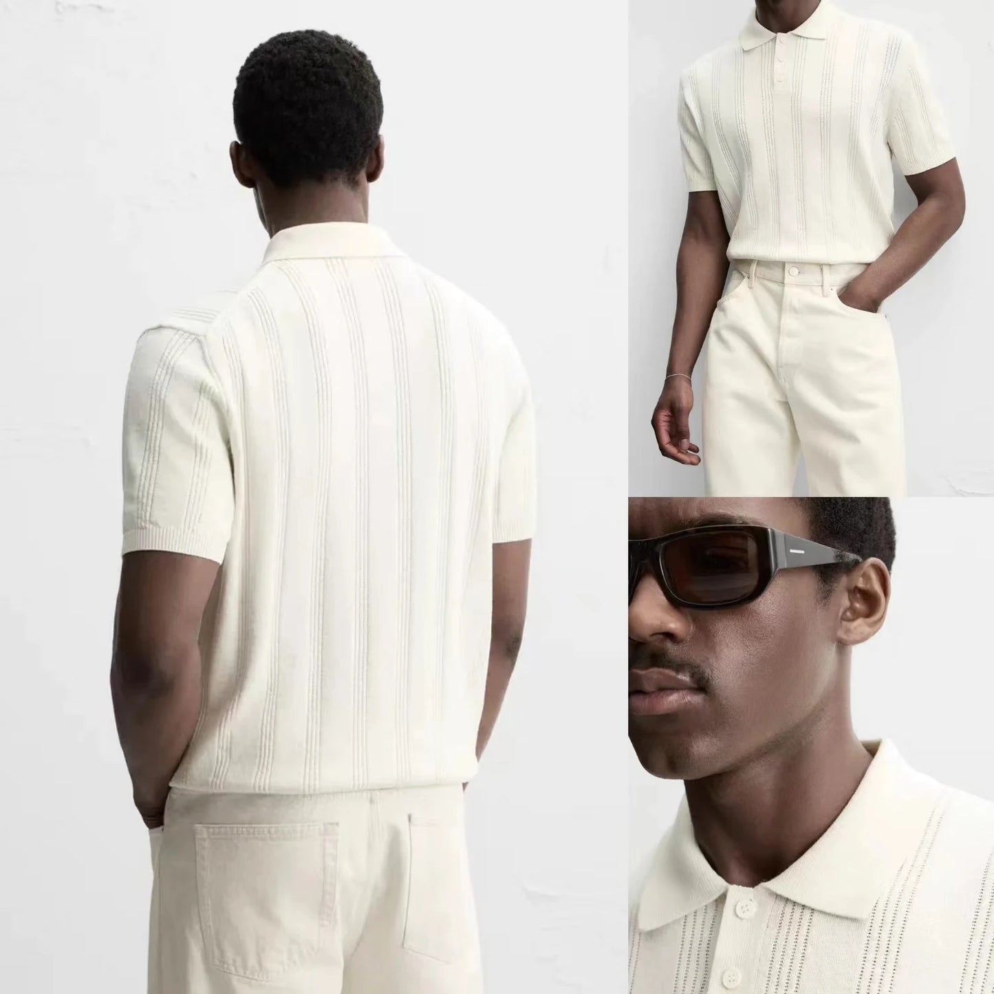 Summer New Men's Slim Fit Straight Knitted ort Sve  irt Youth Faion Stand Sle Busin Casual Pure Color