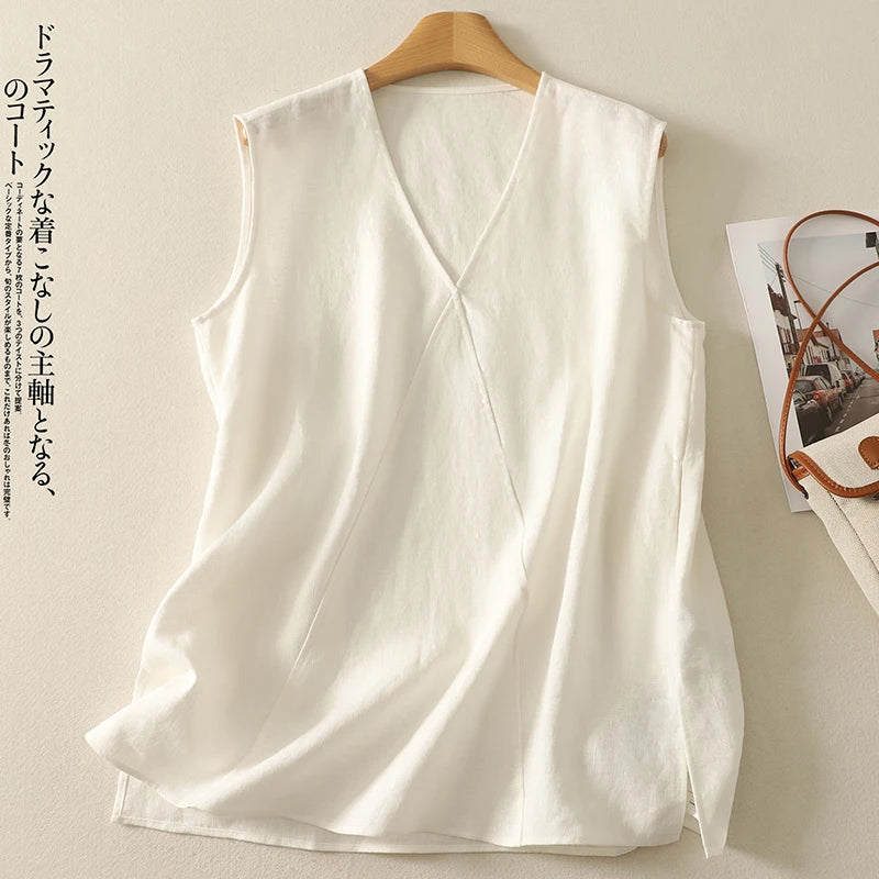 Cotton tops women summer new Korean fashion simple temperament elegant pockets casual white V-neck vest bottoming shirt
