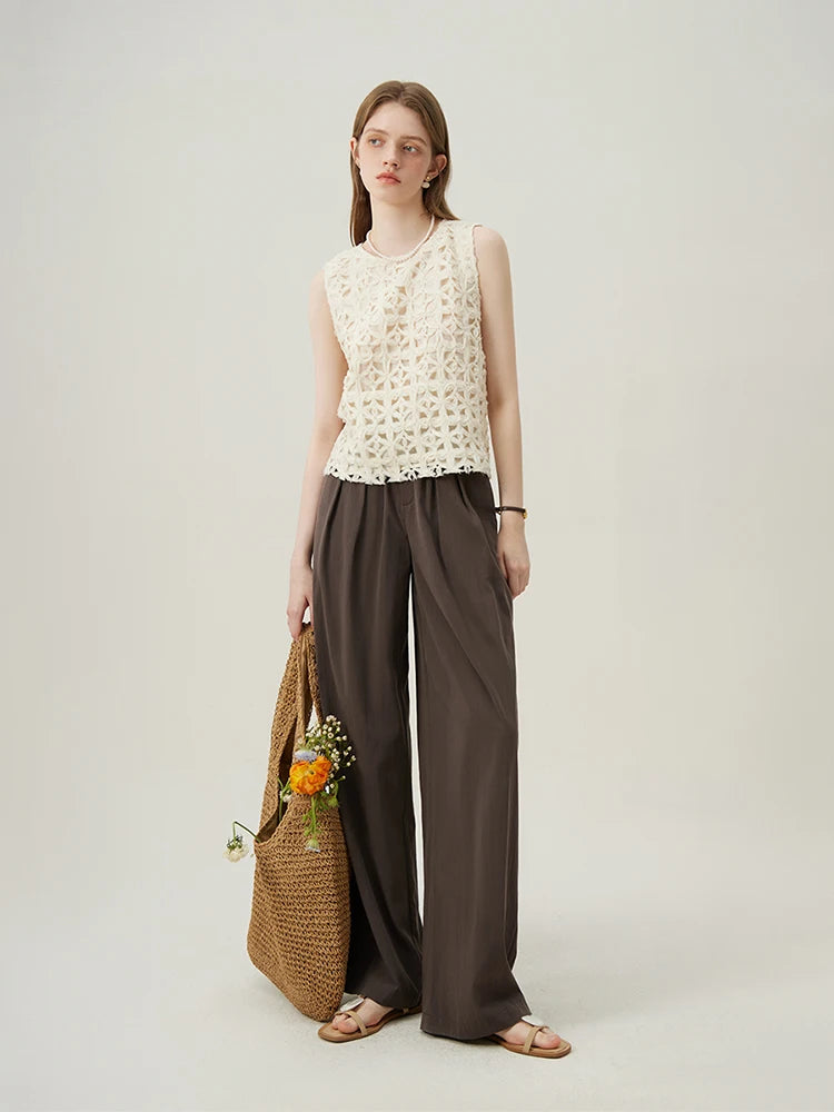 FSLE French Style Oatmeal Color Hollow Top For Women Three-dimensional Flower Embroidery Women Summer Sleeveless Vest 24FS12405