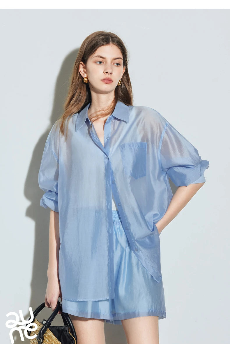 TOYOUTH Women French Mustard Green Lyocell Shirt 2025 Summer New Lightweight Sun Protection Tops