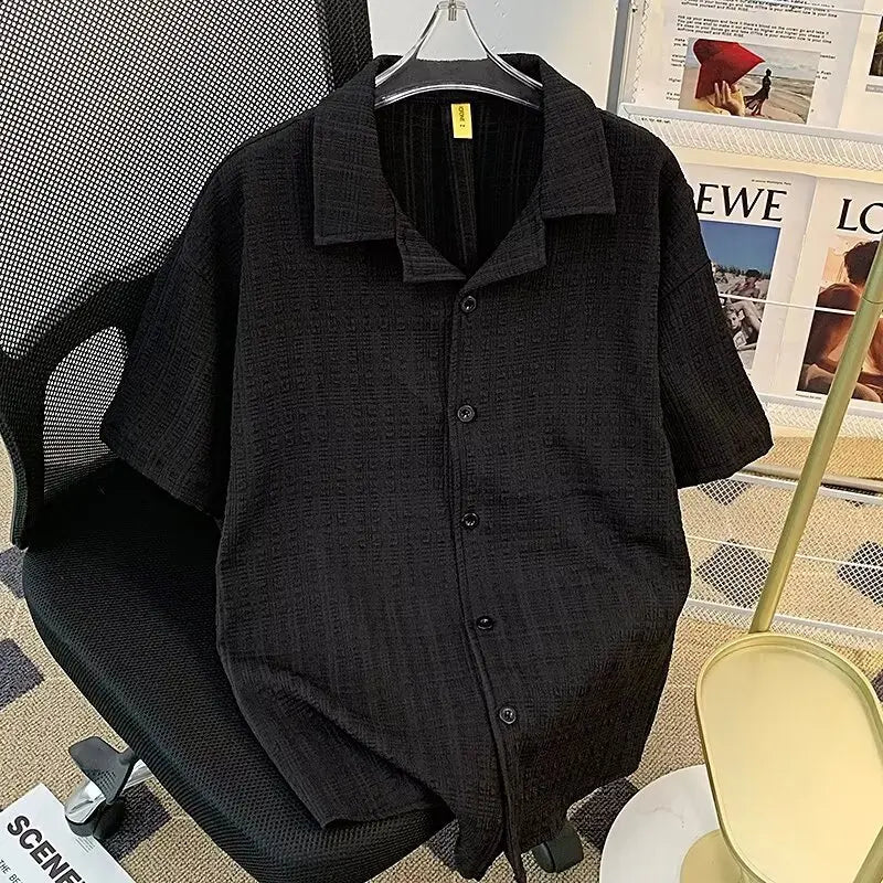 Retro Textured Cuban Collar Short Sleeve Shirt Men Loose Casual Stylish Top