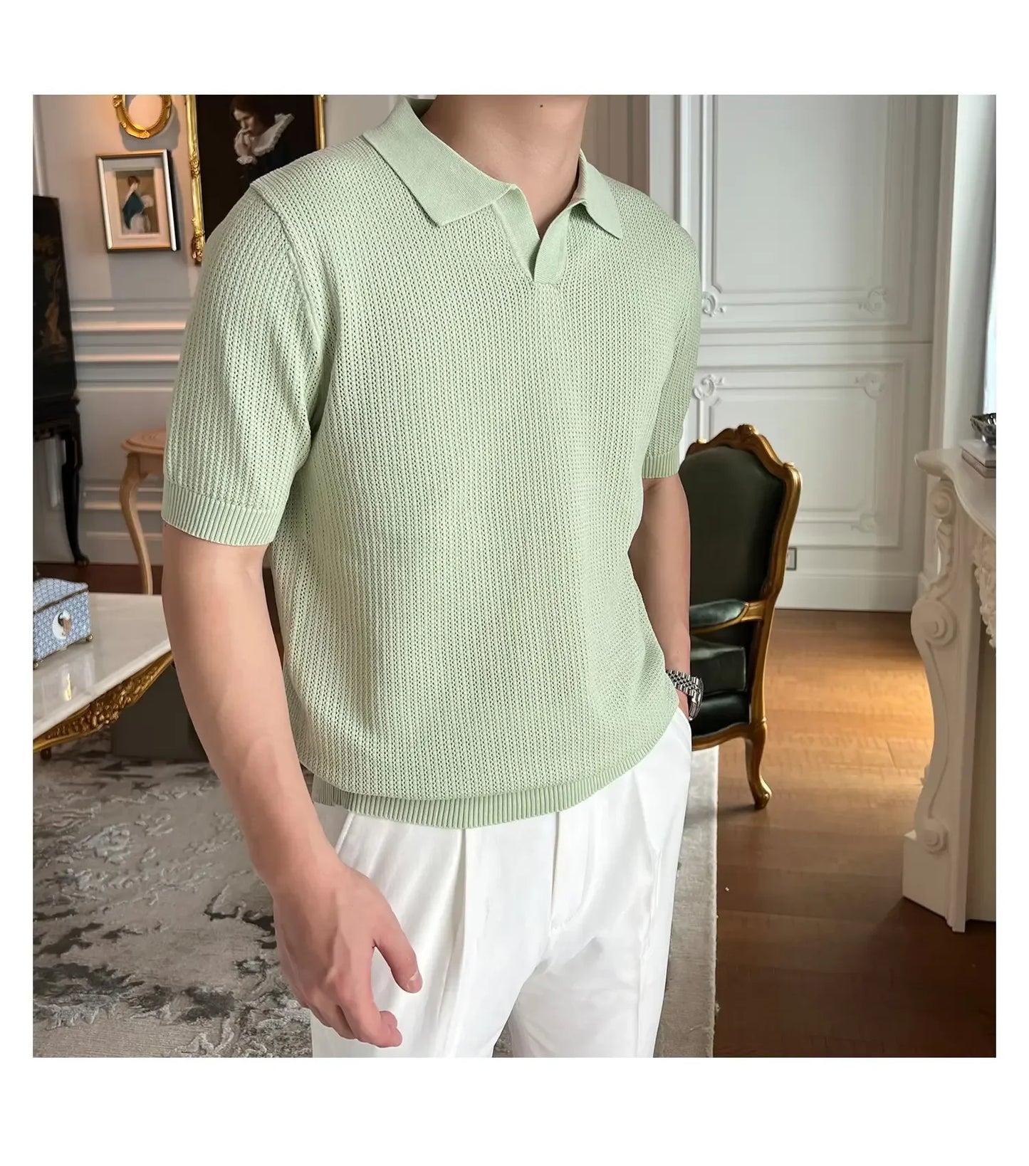 Summer Casual Polo Shirt Short Sleeve Knitted Pure Color Breathable Retro Wave Texture Men's Turn-down Collar Top