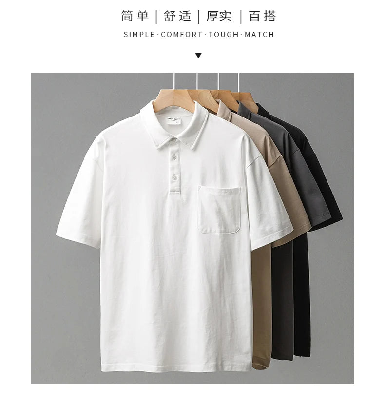 DUKEEN 260G Heavyweight Men's Polo Shirts 100% Cotton 2024 Summer Short-Sleeve White Pocket T Shirts Golf Wear Men's Clothing