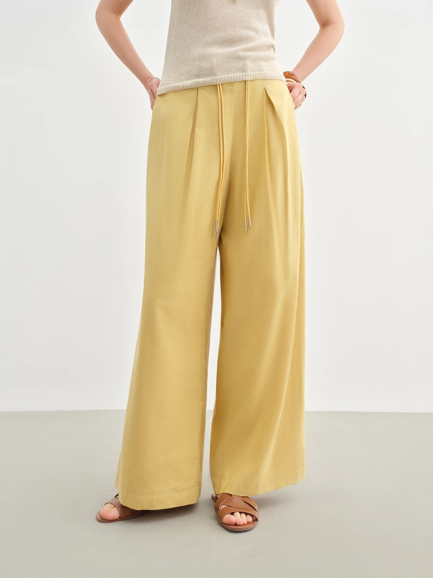 DUSHU Women Linen Drawstring Wide-leg Pants 2025 Summer New Cotton Knitted Drape Loose High Waist Slim Casual Pants 25DS82737