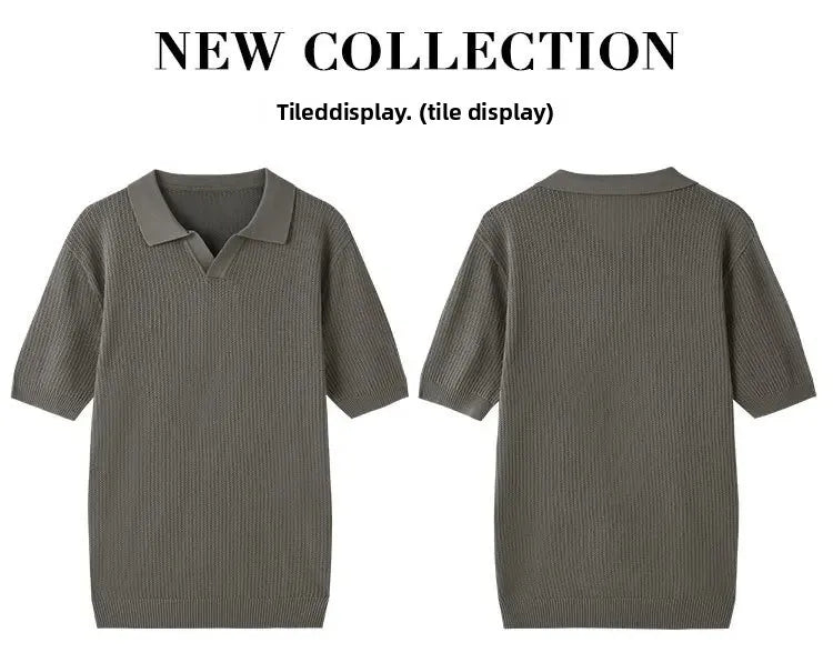 Summer Casual Polo Shirt Short Sleeve Knitted Pure Color Breathable Retro Wave Texture Men's Turn-down Collar Top