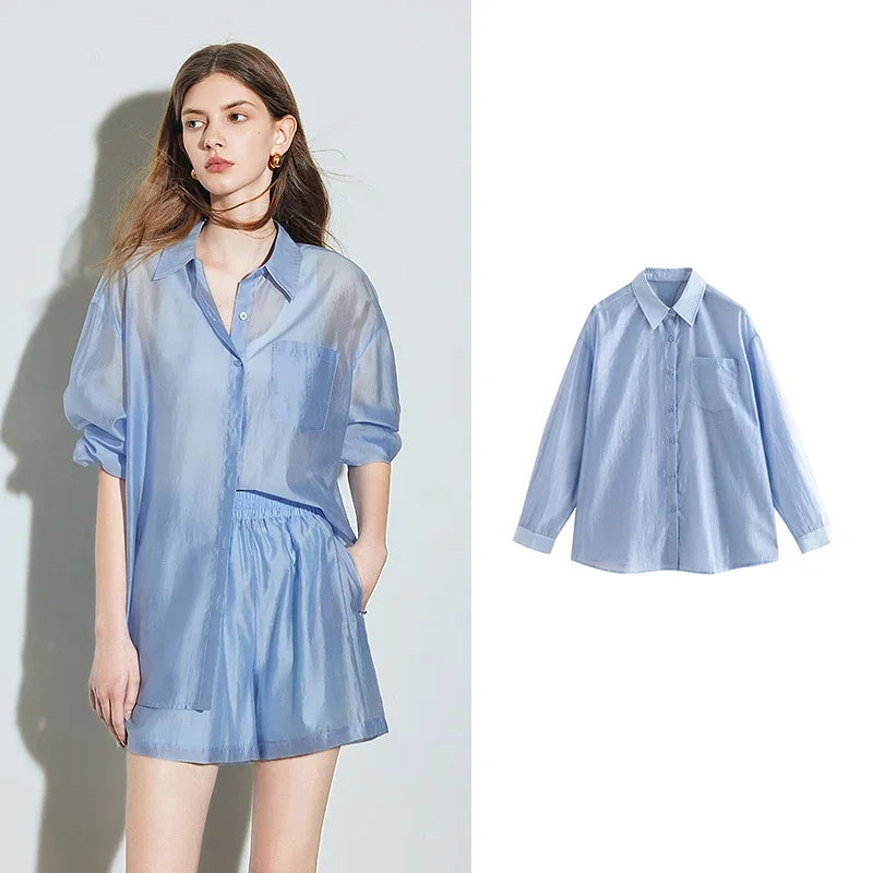 TOYOUTH Women French Mustard Green Lyocell Shirt 2025 Summer New Lightweight Sun Protection Tops