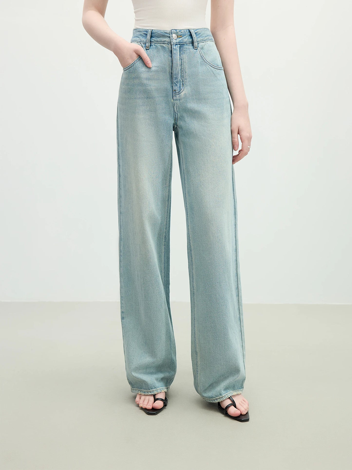FSLE Washed Distressed High Waist Straight Jeans for Women 2025 Summer New Slim Fit Versatile Casual Slim Chic Pants 25FS12292