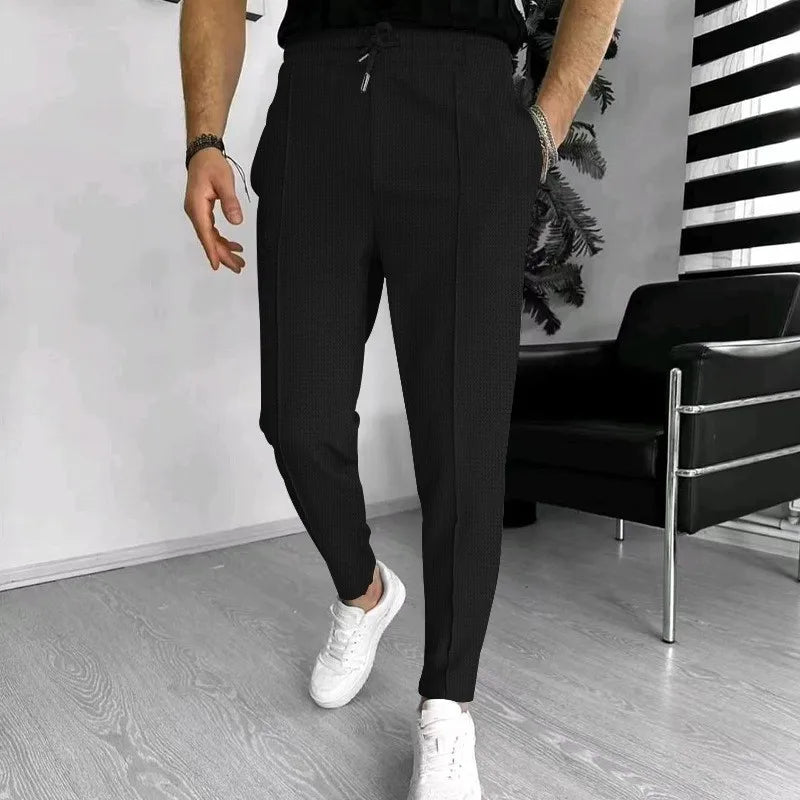 Mens Stylish Waffle Pants - Casual Sports Slim Fit with Adjustable Drawstring Secure Pockets for All Seasons - Perfect Outdoor