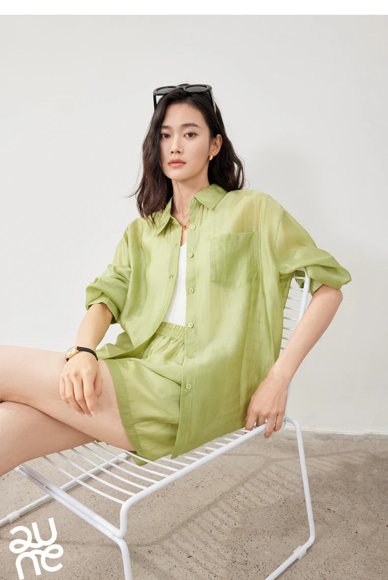 TOYOUTH Women French Mustard Green Lyocell Shirt 2025 Summer New Lightweight Sun Protection Tops