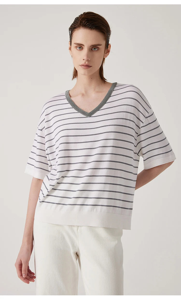 BD3511191 Women's Summer Wool Silk stripe tops Luxury Clothing Comfortable Breathable sweaters knitted tshirts