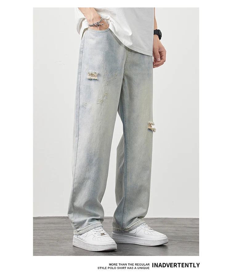 Korea Baggy torn holey ripped Jeans Men Vintage  Y2k Pants Fashion Frayed High Street Distressed Denim Trousers loose thin Male