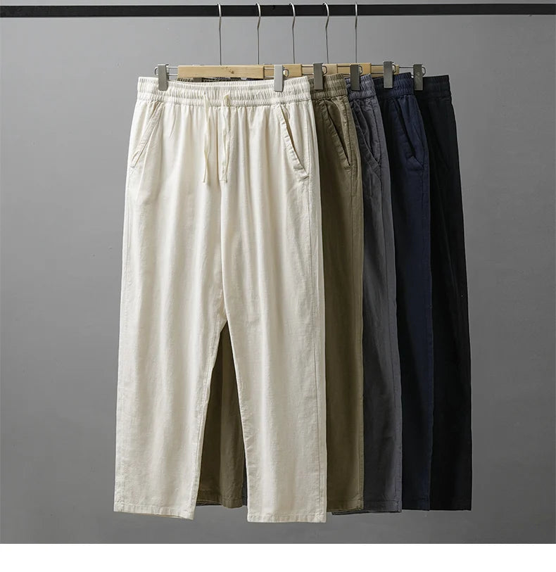 DUKEEN Breathable Linen Pants Men 2025 Summer Fashion Thin Ankle-Length Pants Elastic Waist Straight-Leg Men's Clothing