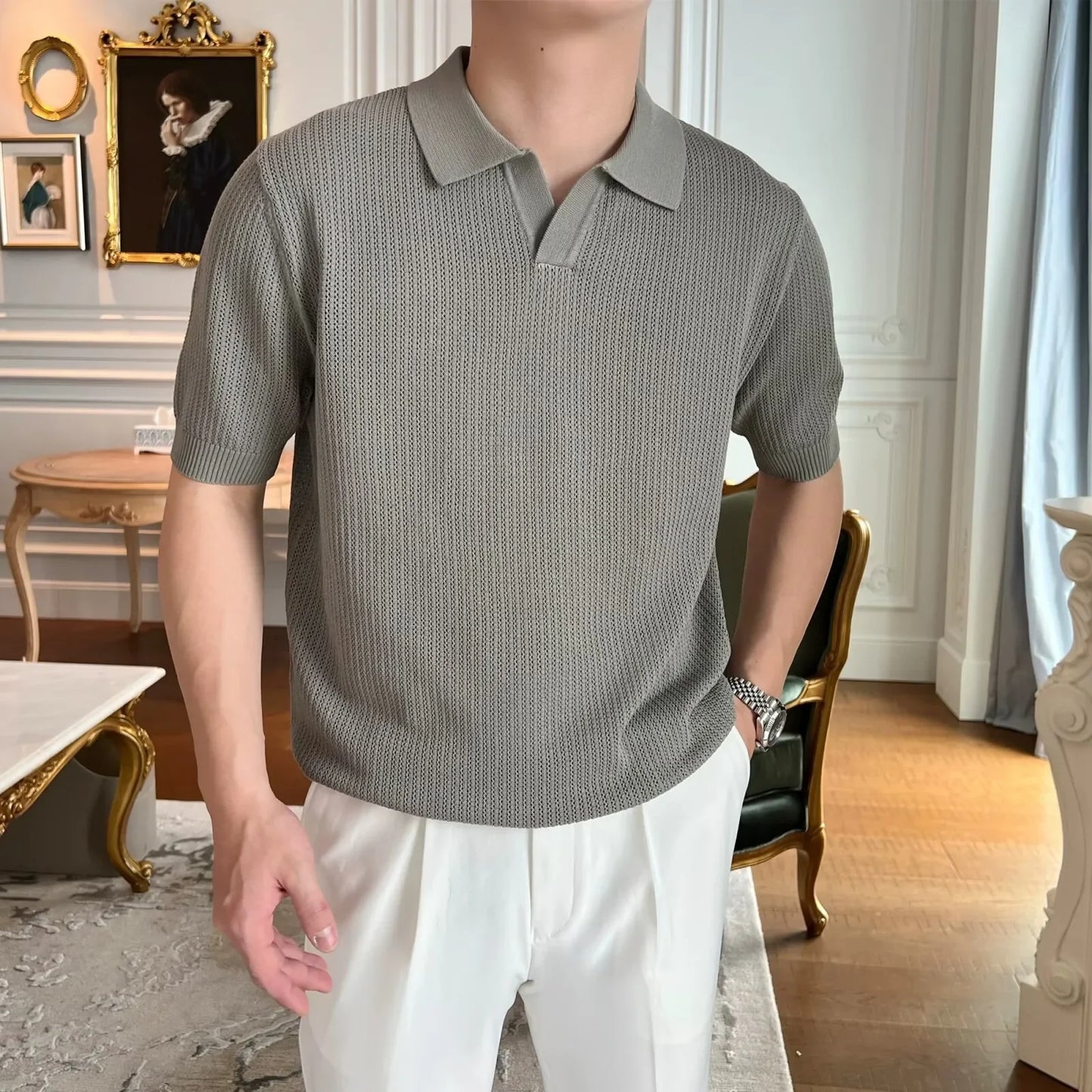 Summer Casual Polo Shirt Short Sleeve Knitted Pure Color Breathable Retro Wave Texture Men's Turn-down Collar Top