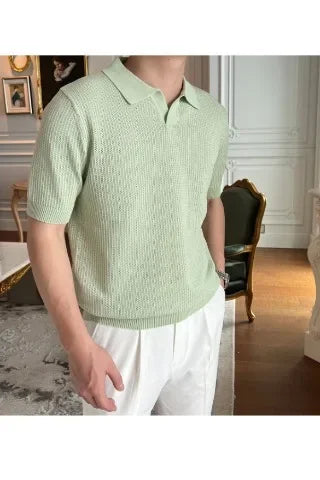 Summer Casual Polo Shirt Short Sleeve Knitted Pure Color Breathable Retro Wave Texture Men's Turn-down Collar Top