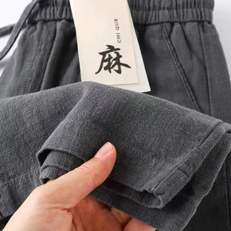 Pure Linen Breathable Elastic New Sle Nine-Piece Pants Cotton Linen Summer Thin Simple Casual Men's Pants Straight Leg Fit