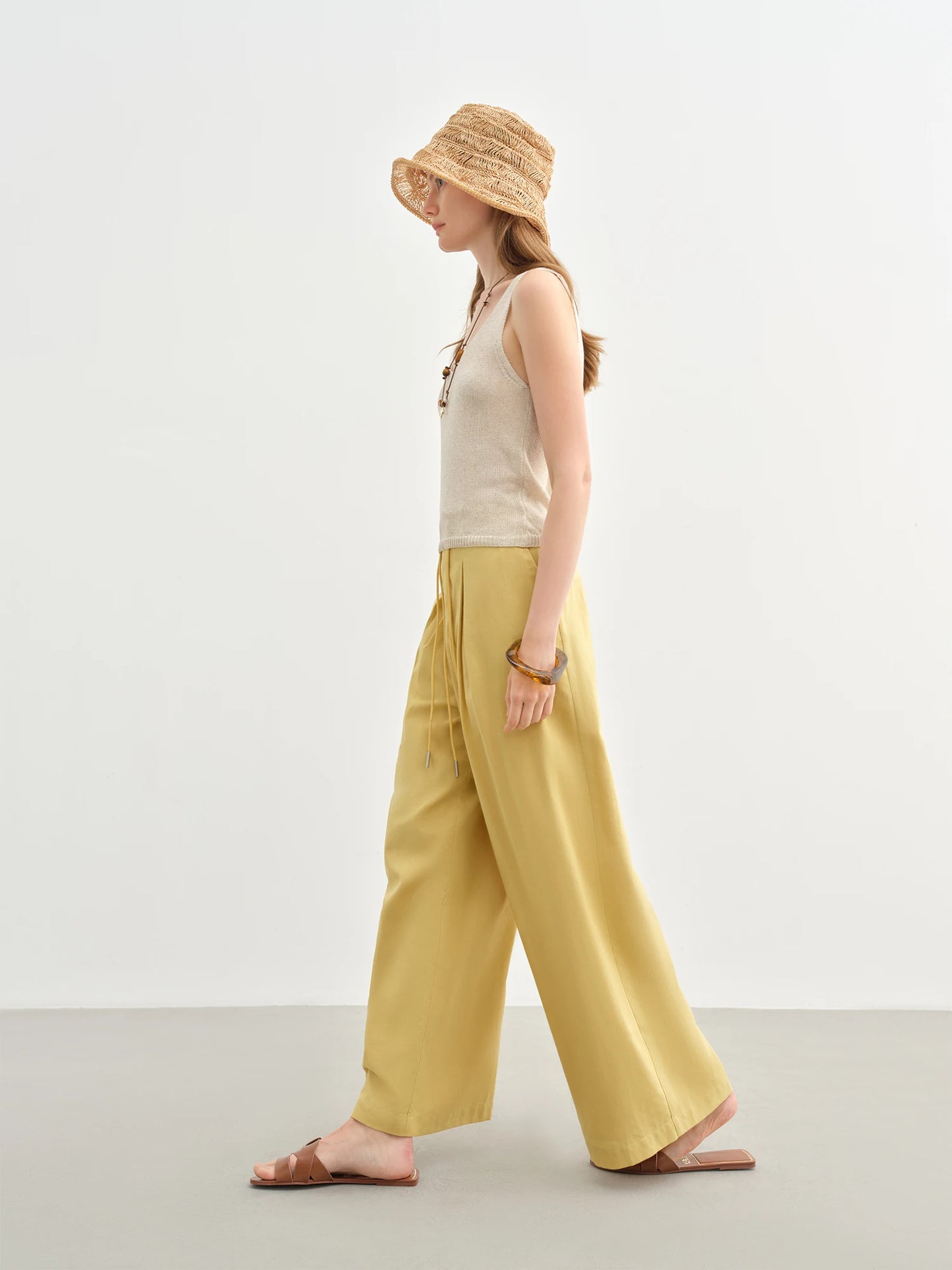 DUSHU Women Linen Drawstring Wide-leg Pants 2025 Summer New Cotton Knitted Drape Loose High Waist Slim Casual Pants 25DS82737