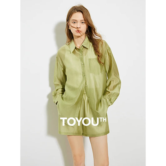 TOYOUTH Women French Mustard Green Lyocell Shirt 2025 Summer New Lightweight Sun Protection Tops