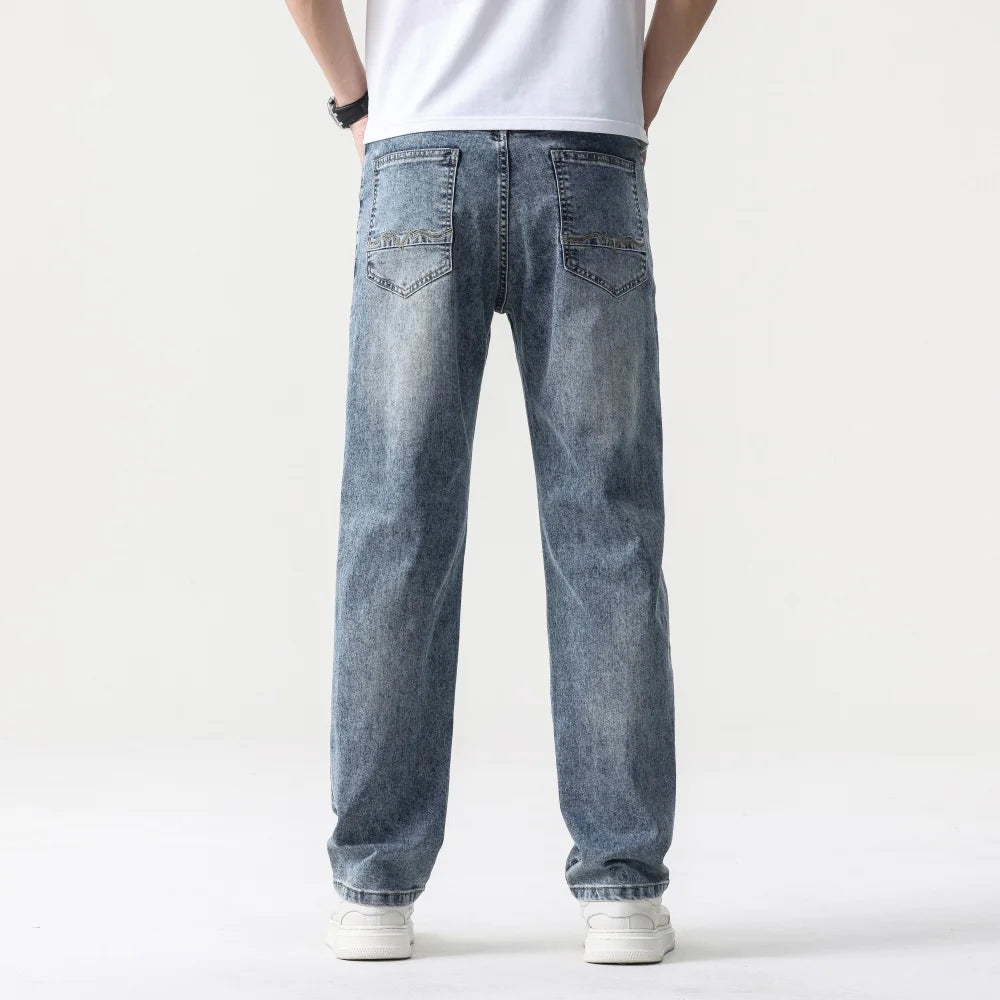 28-38 New Sizes Men Stretch Jeans Straight Leg Denim Pants Extended Sizing Blue/Black Streetwear Relaxed Fit for Work & Casual