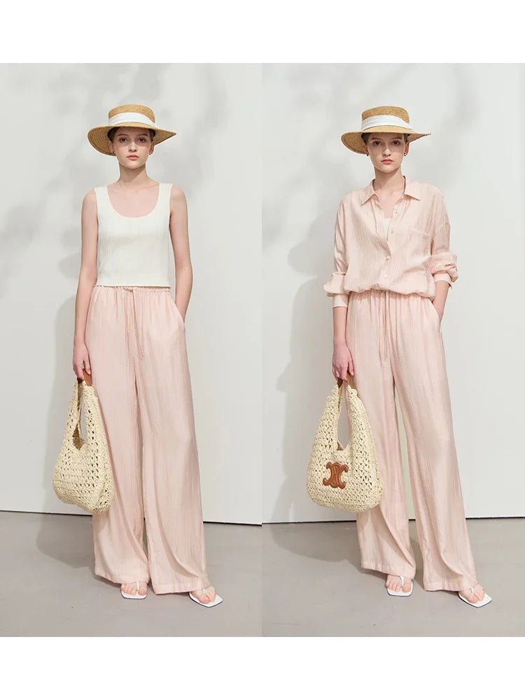 AMII Minimalism Shirt Pants Sets for Women 2025 Spring New Casual Basic Shirt Separate Straight Long Wide Leg Pants 12511048