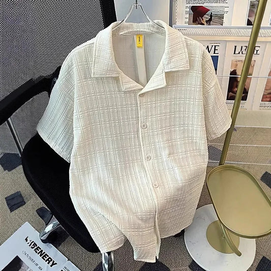 Retro Textured Cuban Collar Short Sleeve Shirt Men Loose Casual Stylish Top