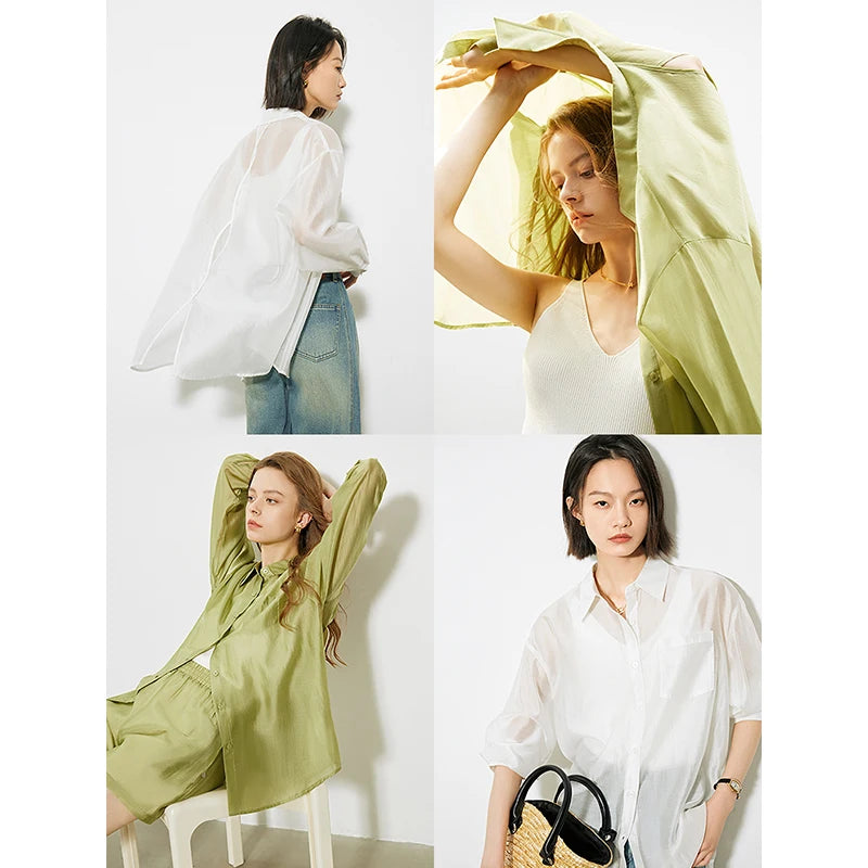 TOYOUTH Women French Mustard Green Lyocell Shirt 2025 Summer New Lightweight Sun Protection Tops
