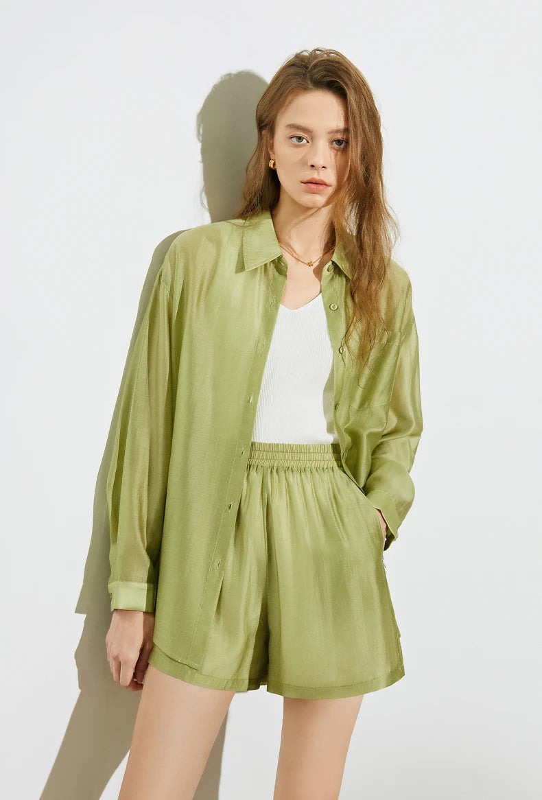 TOYOUTH Women French Mustard Green Lyocell Shirt 2025 Summer New Lightweight Sun Protection Tops