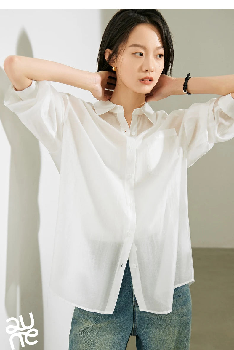 TOYOUTH Women French Mustard Green Lyocell Shirt 2025 Summer New Lightweight Sun Protection Tops