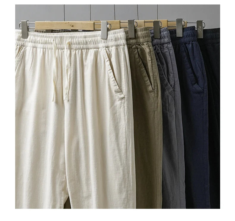 DUKEEN Breathable Linen Pants Men 2025 Summer Fashion Thin Ankle-Length Pants Elastic Waist Straight-Leg Men's Clothing