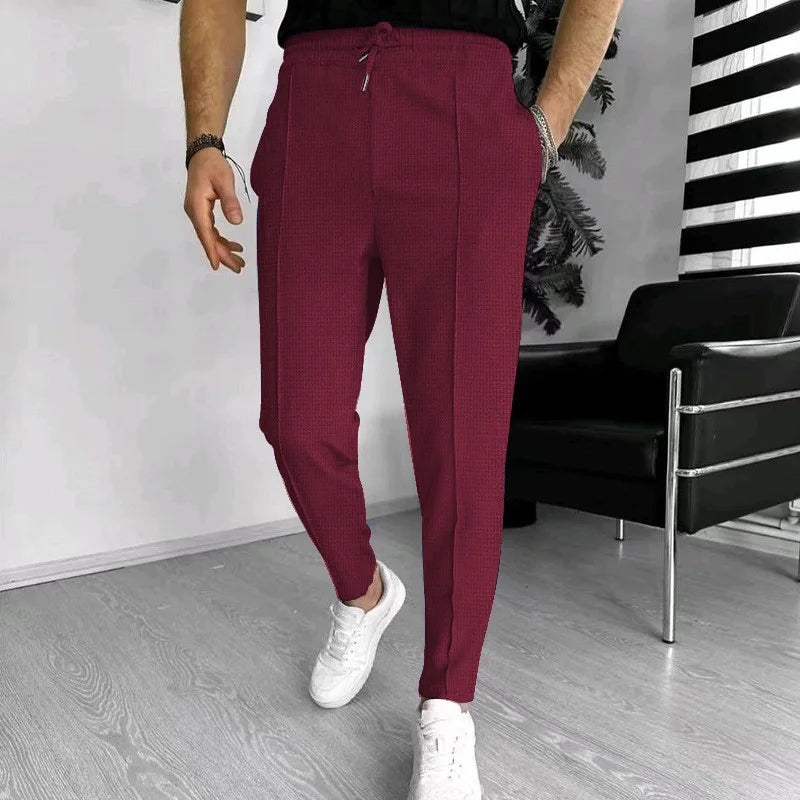 Mens Stylish Waffle Pants - Casual Sports Slim Fit with Adjustable Drawstring Secure Pockets for All Seasons - Perfect Outdoor