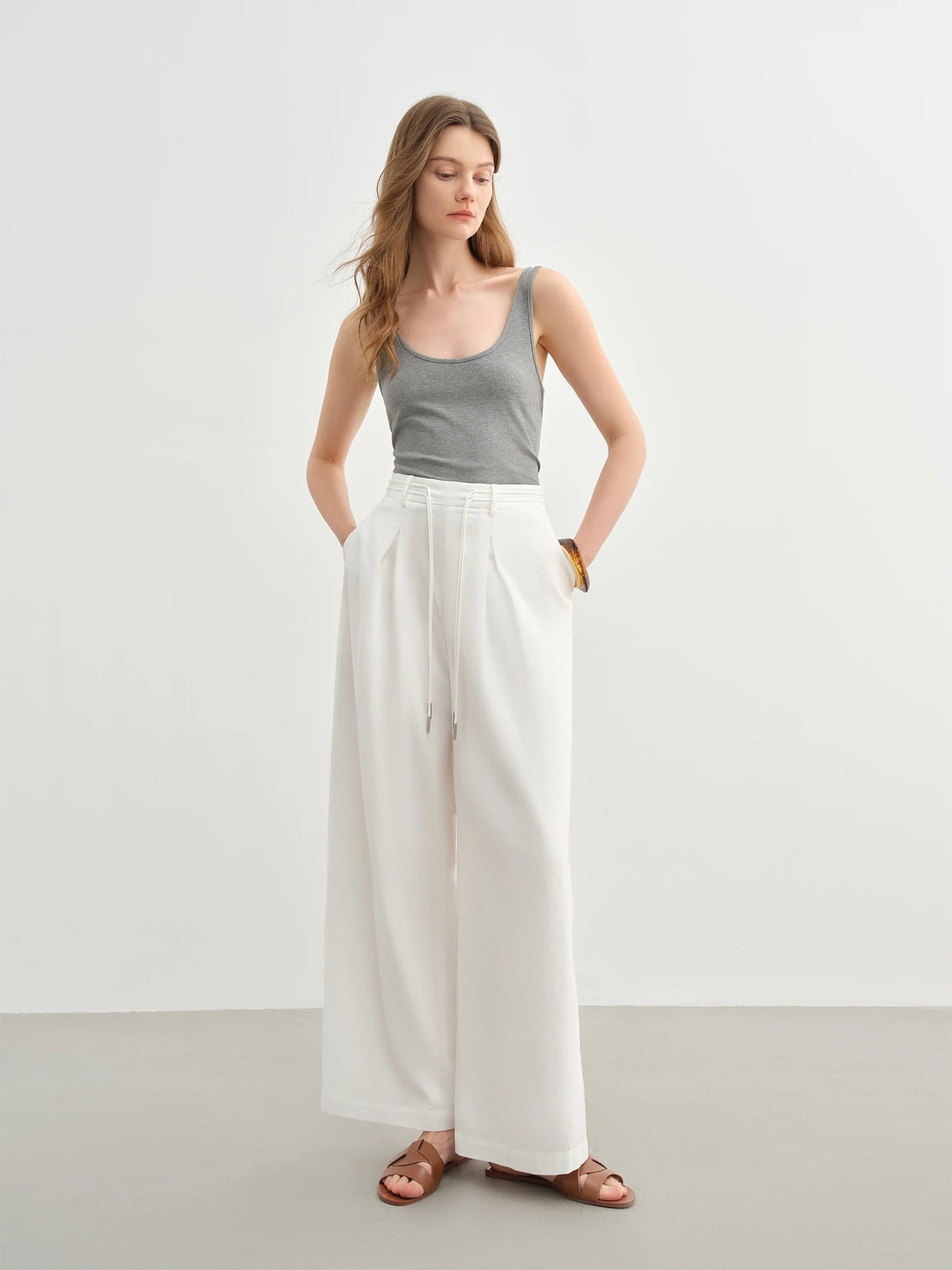 DUSHU Women Linen Drawstring Wide-leg Pants 2025 Summer New Cotton Knitted Drape Loose High Waist Slim Casual Pants 25DS82737