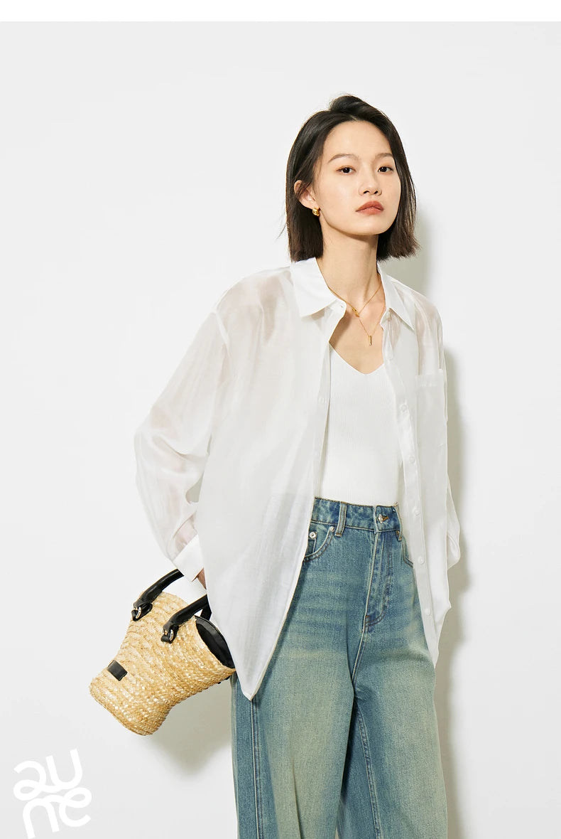 TOYOUTH Women French Mustard Green Lyocell Shirt 2025 Summer New Lightweight Sun Protection Tops