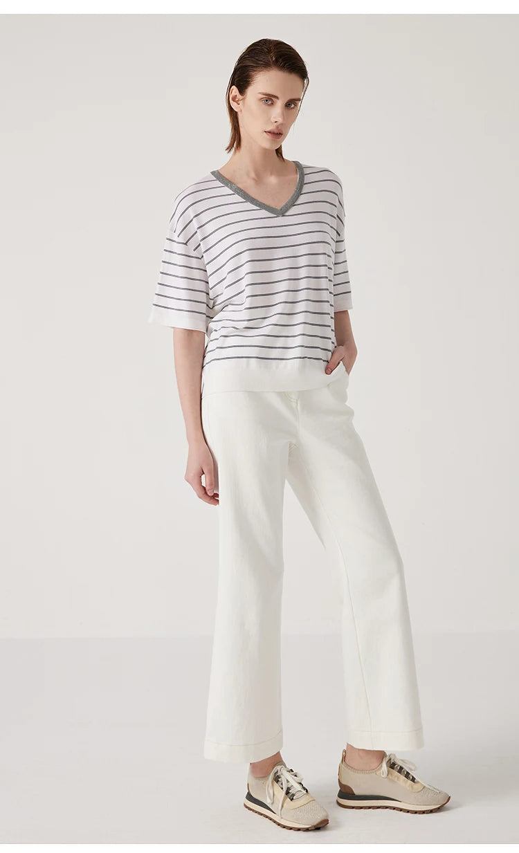 BD3511191 Women's Summer Wool Silk stripe tops Luxury Clothing Comfortable Breathable sweaters knitted tshirts
