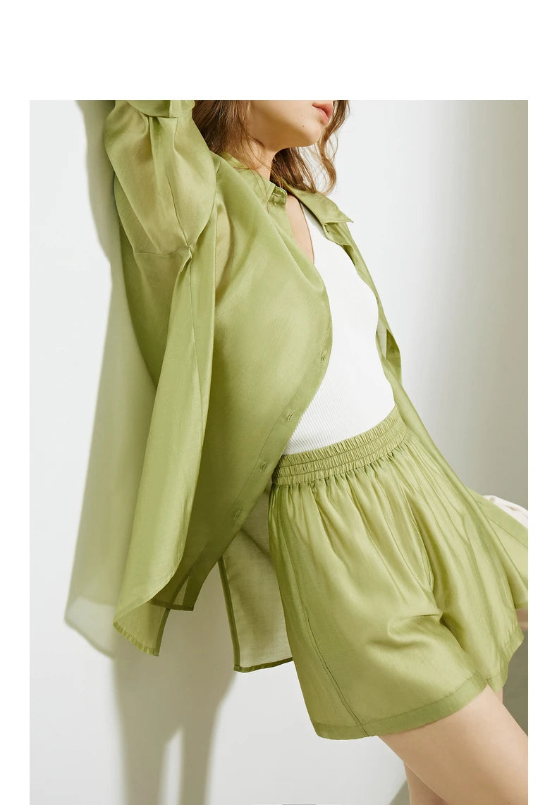 TOYOUTH Women French Mustard Green Lyocell Shirt 2025 Summer New Lightweight Sun Protection Tops