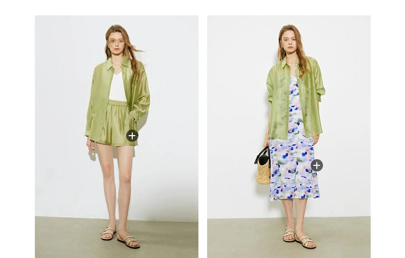 TOYOUTH Women French Mustard Green Lyocell Shirt 2025 Summer New Lightweight Sun Protection Tops