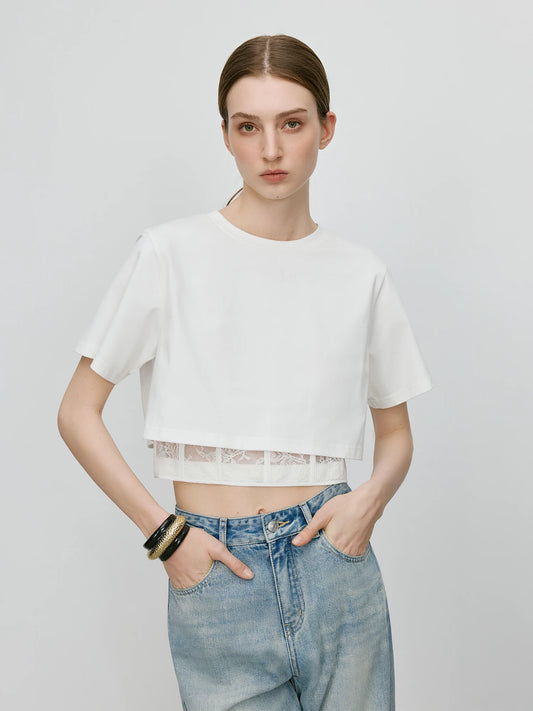 FSLE 【Premium Series】Waist-cropped Lace-spliced Fashion  T-shirt for Women Chic Blouse 2025 Summer New Arrival 25FE12023
