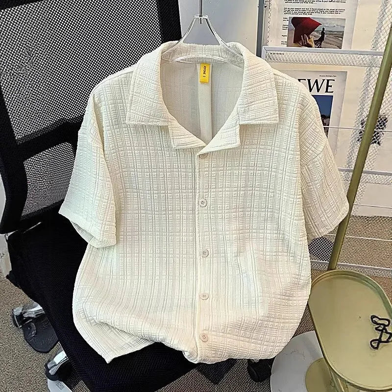 Retro Textured Cuban Collar Short Sleeve Shirt Men Loose Casual Stylish Top