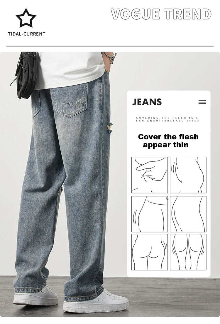 Korea Baggy torn holey ripped Jeans Men Vintage  Y2k Pants Fashion Frayed High Street Distressed Denim Trousers loose thin Male