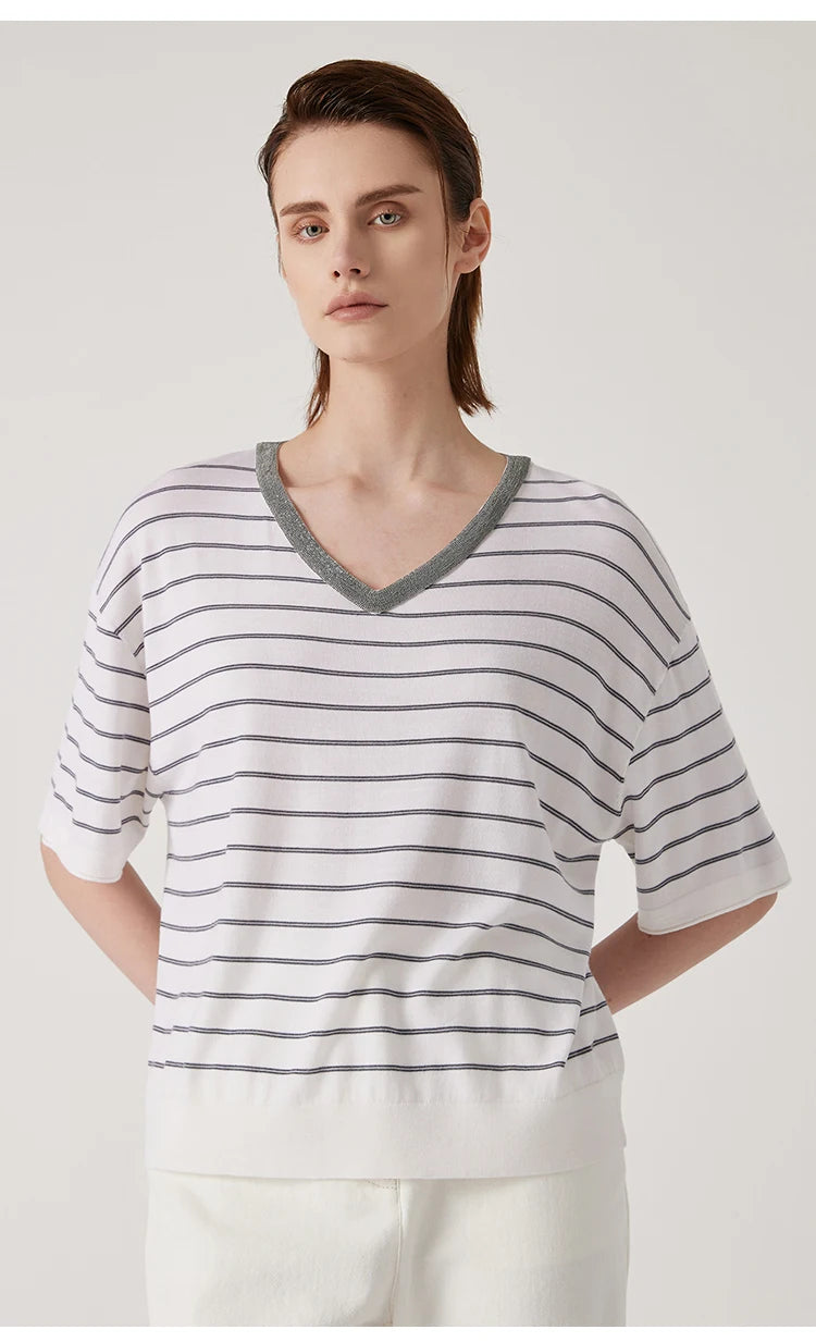 BD3511191 Women's Summer Wool Silk stripe tops Luxury Clothing Comfortable Breathable sweaters knitted tshirts